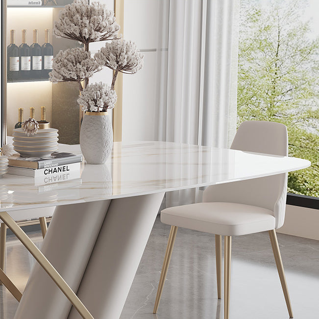 Contemporary Style Sintered Stone Dining Table with White Fixed Table and Trestle Base