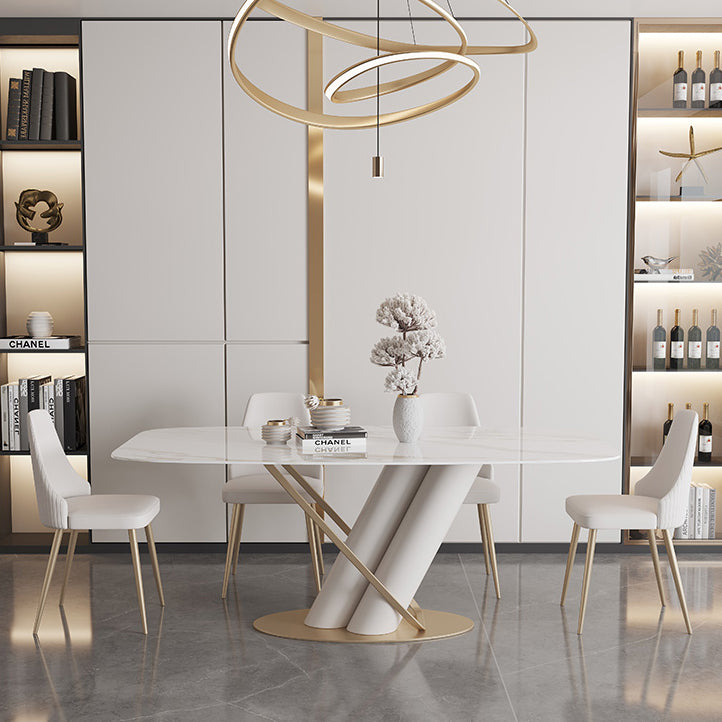 Contemporary Style Sintered Stone Dining Table with White Fixed Table and Trestle Base
