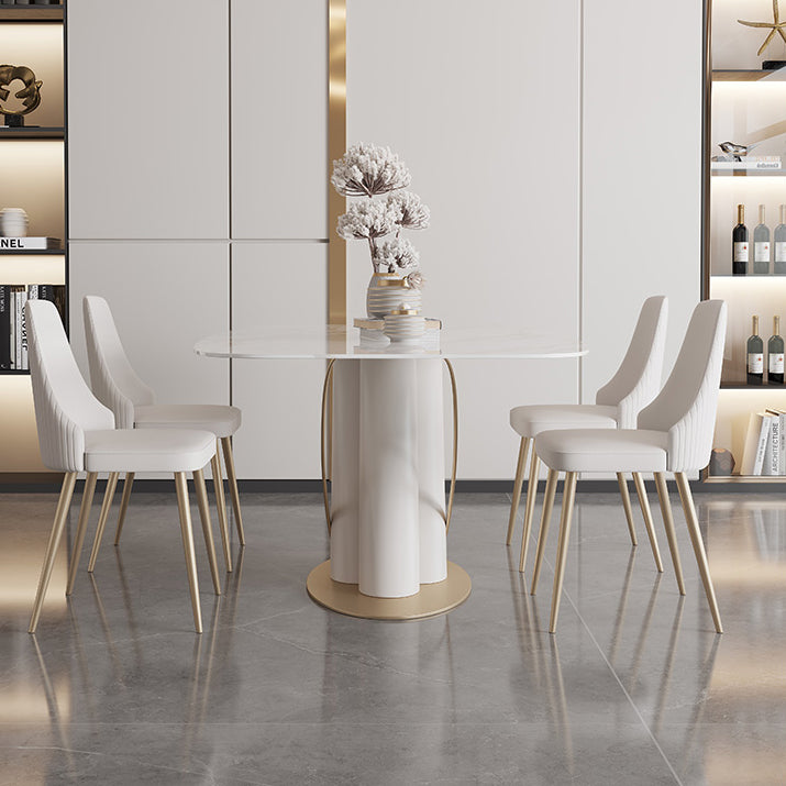 Contemporary Style Sintered Stone Dining Table with White Fixed Table and Trestle Base