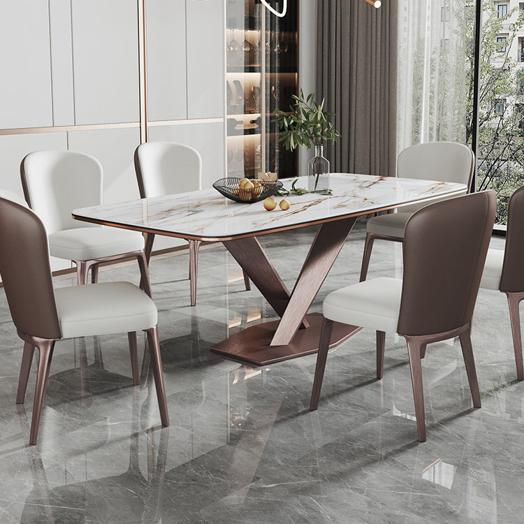 Modern Style Sintered Stone Dining Room Set with Fixed Rectangle Shape Table and Trestle Base