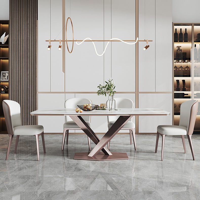 Modern Style Sintered Stone Dining Room Set with Fixed Rectangle Shape Table and Trestle Base