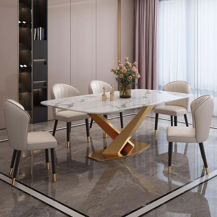 Modern Marble Table Set of 5/7 with Rectangle Table Dining Set with PU Leather Chairs