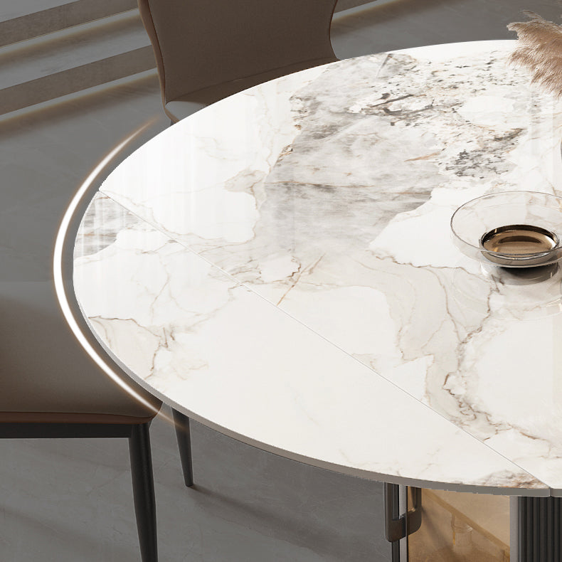 Nordic Sintered Stone Table Set of 5/7 with Round Table Foldable Dining Set with Leather Chairs