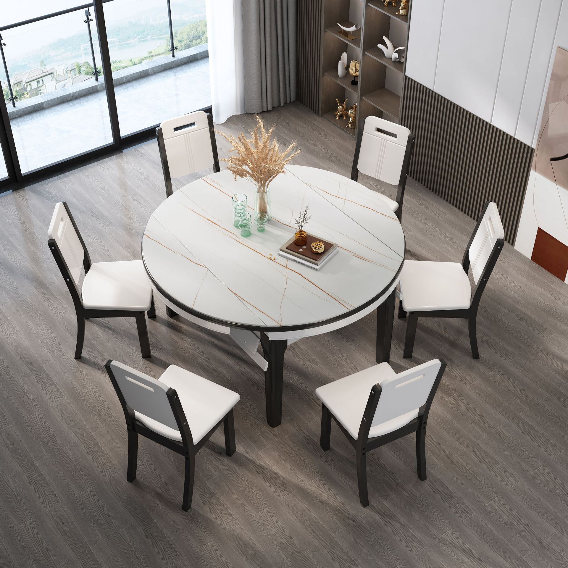 7 Pcs Modern Dining Room Set with Round Table and 4 Legs Base Dining Set with Armless Chairs
