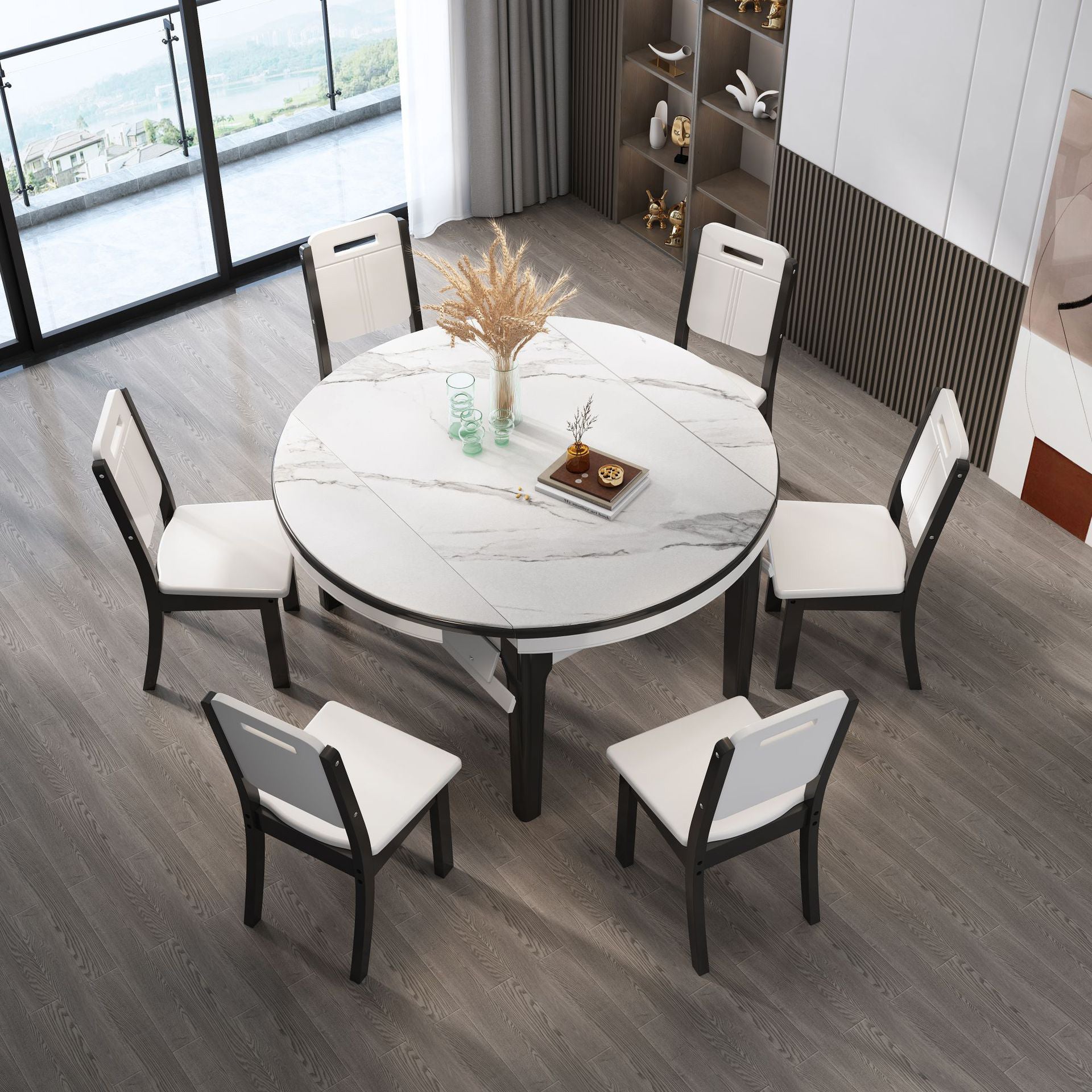 7 Pcs Modern Dining Room Set with Round Table and 4 Legs Base Dining Set with Armless Chairs