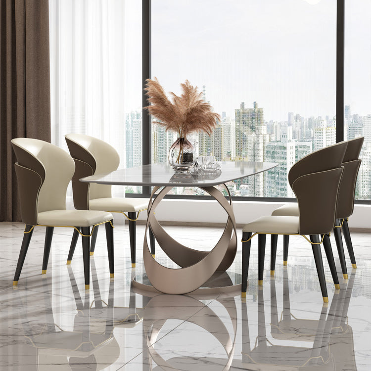 Modern Style Traditional Height Dining Set with Grey Fixed Rectangle Shape Table and Trestle Base