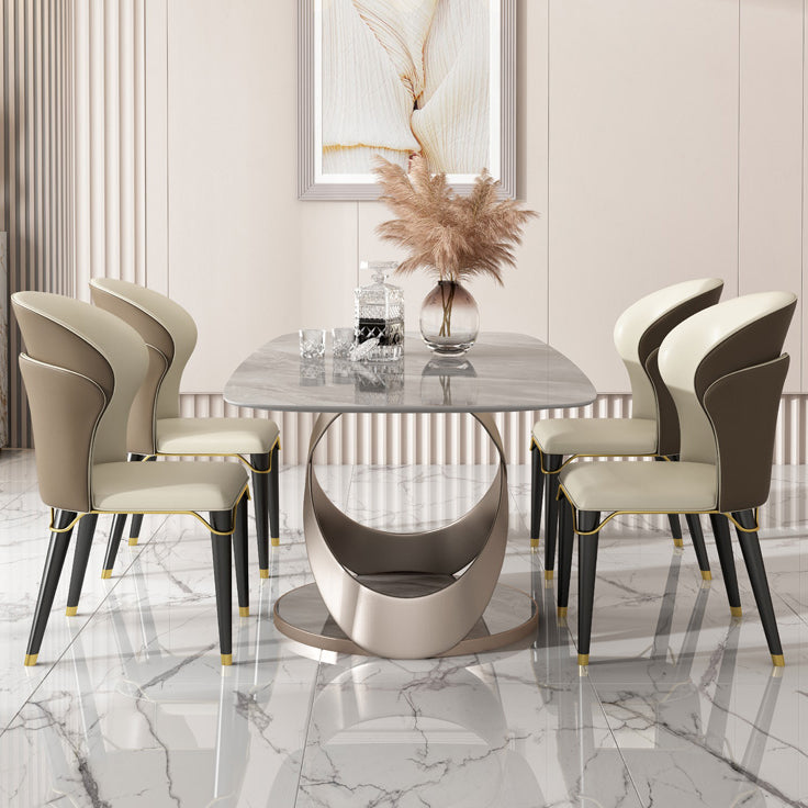Modern Style Traditional Height Dining Set with Grey Fixed Rectangle Shape Table and Trestle Base