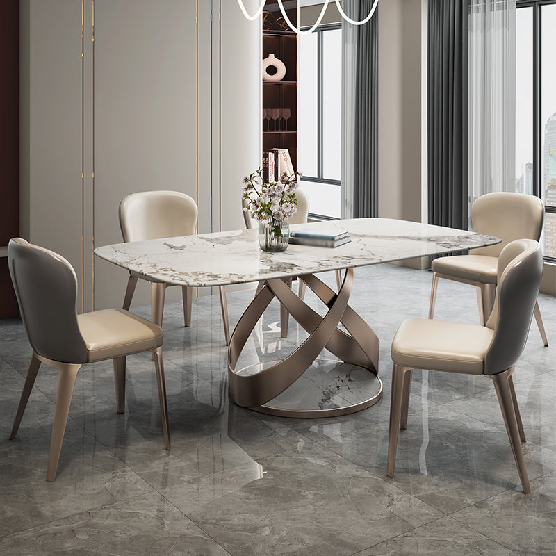 Modern Style Traditional Height Dining Set with Fixed Rectangle Shape Table and Gold Trestle Base