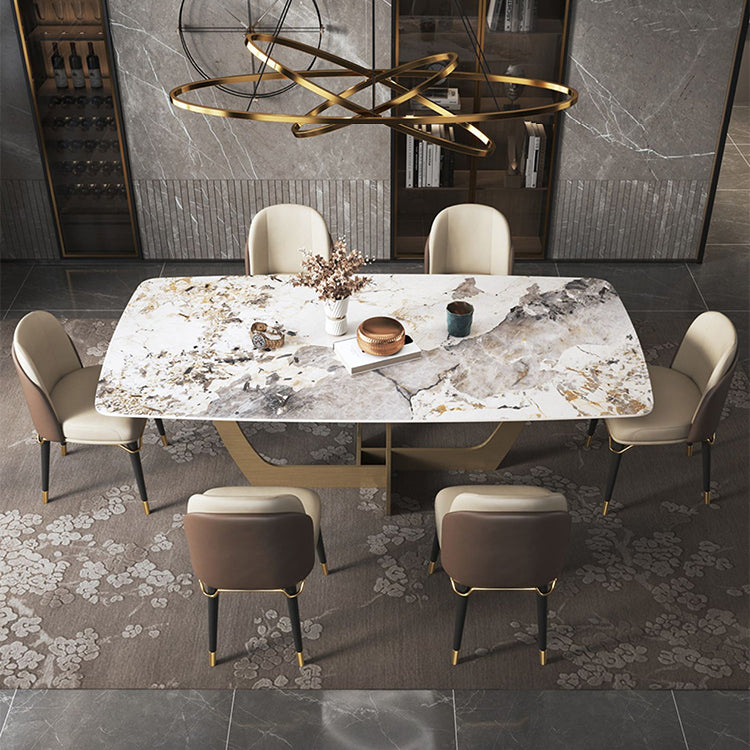Minimalist Style Sintered Stone Dining Table with Rectangle Shape Fixed Table and Trestle Base