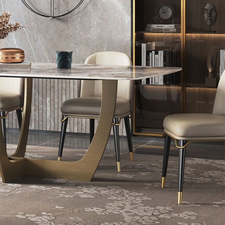 Minimalist Style Sintered Stone Dining Table with Rectangle Shape Fixed Table and Trestle Base