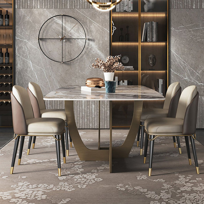 Minimalist Style Sintered Stone Dining Table with Rectangle Shape Fixed Table and Trestle Base