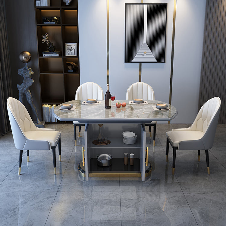 Contemporary Style Sintered Stone Dining Table with Self-Storing Leaf and Pedestal Base