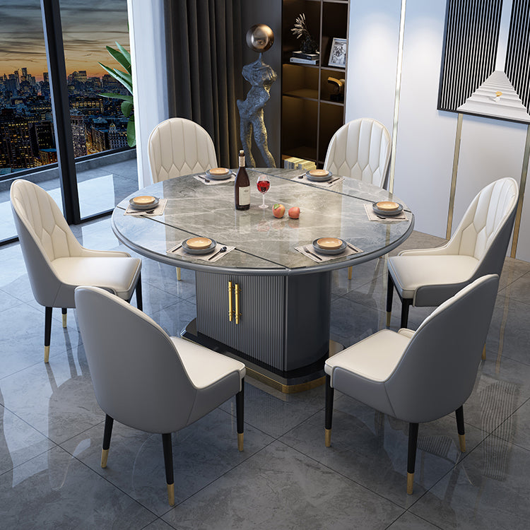Contemporary Style Sintered Stone Dining Table with Self-Storing Leaf and Pedestal Base