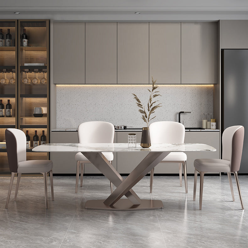 Minimalist Style Sintered Stone Dining Table with White Fixed Table and Trestle Base for Home Use