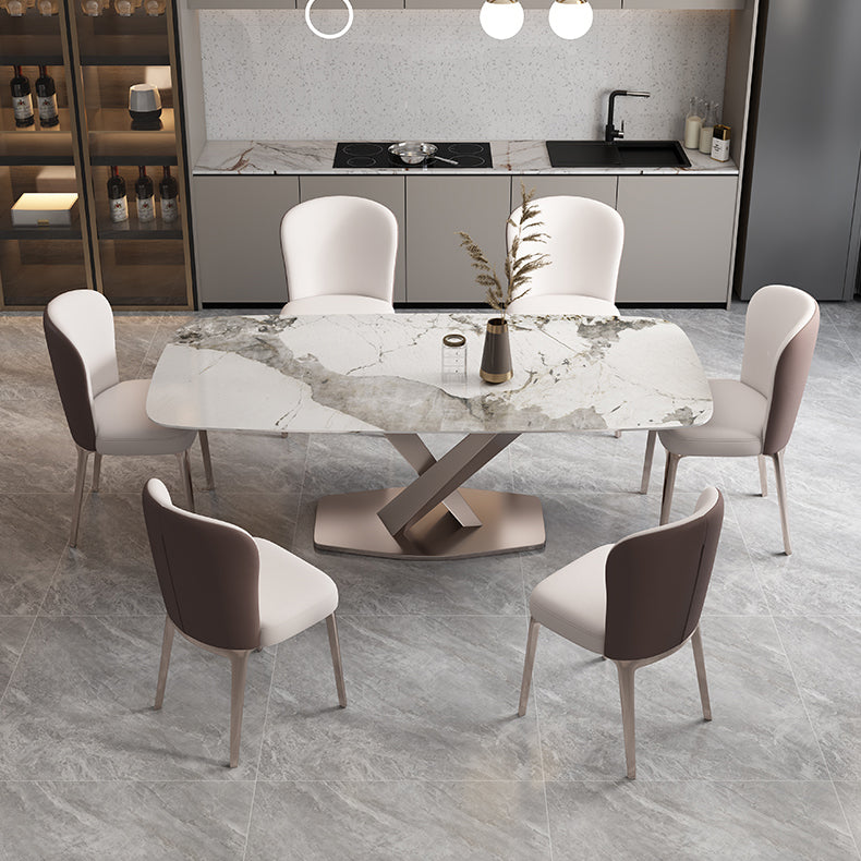 Minimalist Style Sintered Stone Dining Table with White Fixed Table and Trestle Base for Home Use