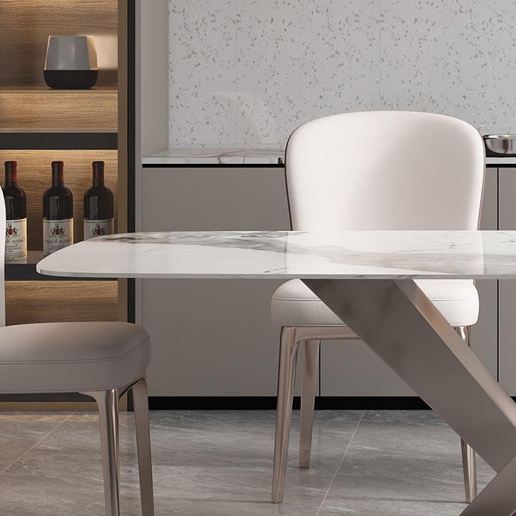 Minimalist Style Sintered Stone Dining Table with White Fixed Table and Trestle Base for Home Use