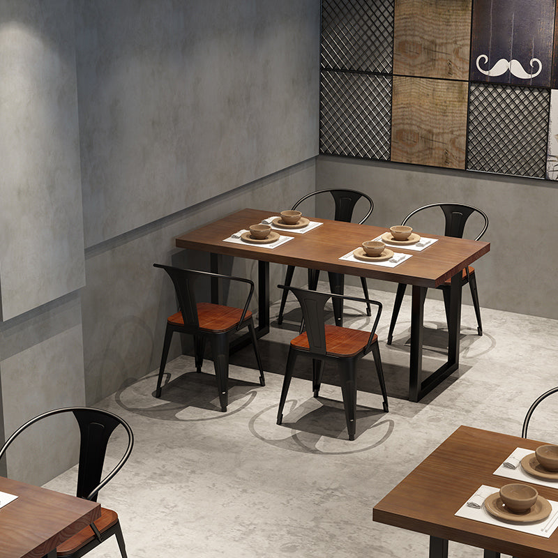 Industrial Style Solid Wood Dining Set with Fixed Table and Double Pedestal Base for Home Use