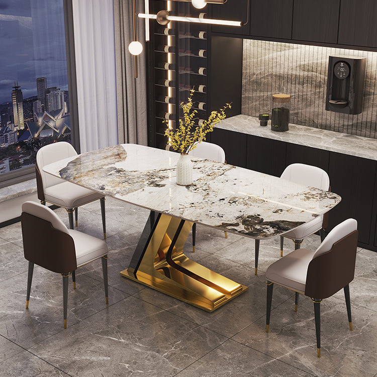 Dining Set of Modern Sintered Stone Table with Gold Metal Base Rectangle Dining Set for Restaurant