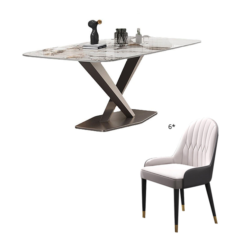 Contemporary Style Sintered Stone Dining Table with White Fixed Table and Trestle Base for Home Use