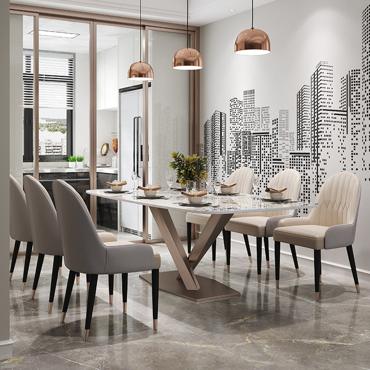 Contemporary Style Sintered Stone Dining Table with White Fixed Table and Trestle Base for Home Use