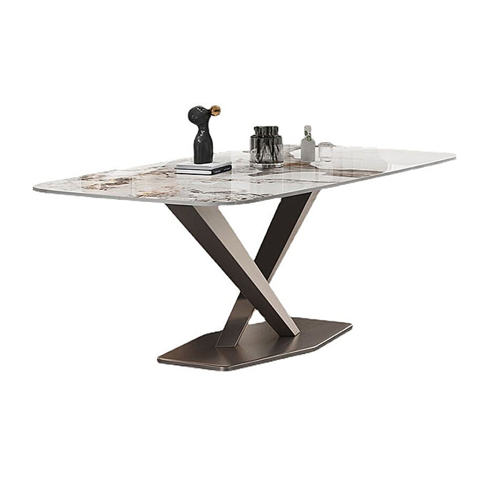 Contemporary Style Sintered Stone Dining Table with White Fixed Table and Trestle Base for Home Use