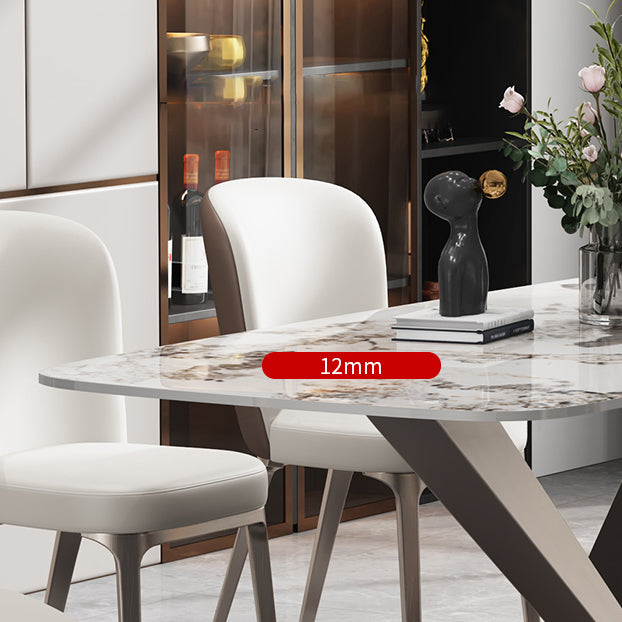Contemporary Style Sintered Stone Dining Table with White Fixed Table and Trestle Base for Home Use