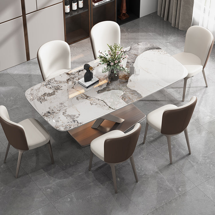 Contemporary Style Sintered Stone Dining Table with White Fixed Table and Trestle Base for Home Use