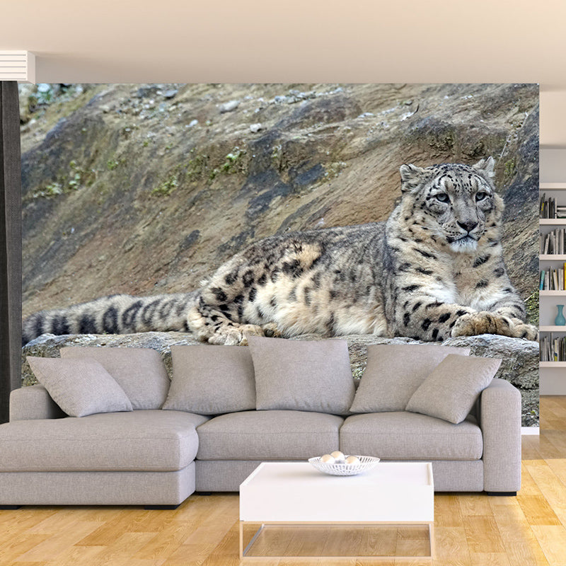 Customized Snow-Leopard Mural Stain Resistant Soft Color Wall Art for Bedroom