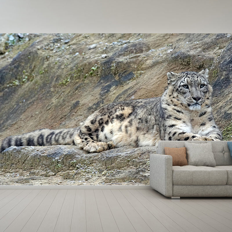 Customized Snow-Leopard Mural Stain Resistant Soft Color Wall Art for Bedroom