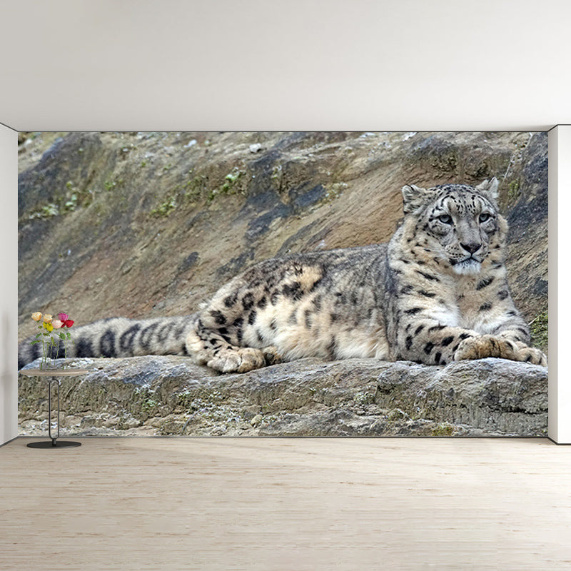 Customized Snow-Leopard Mural Stain Resistant Soft Color Wall Art for Bedroom