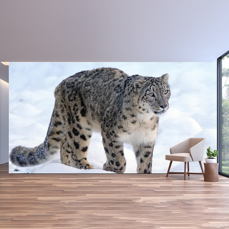 Customized Snow-Leopard Mural Stain Resistant Soft Color Wall Art for Bedroom