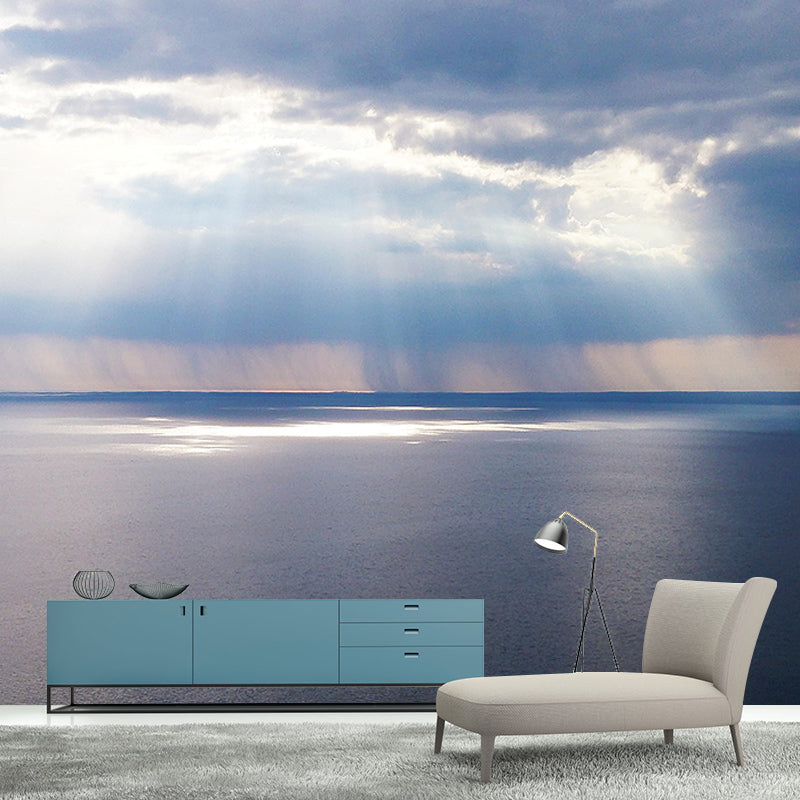 Contemporary Blue Sea Mural Soft Color Stain Resistant Wall Art for Living Room