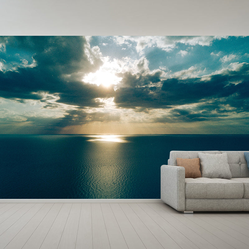 Customized Blue Sea Mural Stain Resistant Soft Color Wall Art for Bathroom