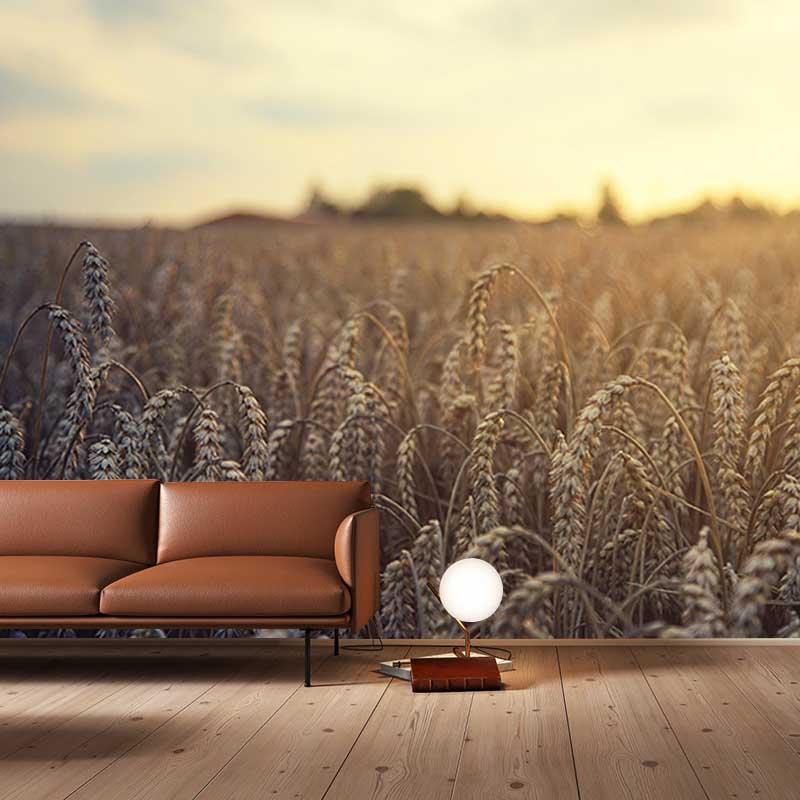 Customized Wheat Field Mural Stain Resistant with Plump Ears of Wheat Pattern for Dining Room