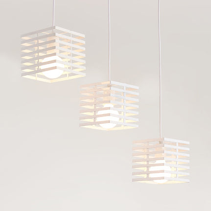 3 Lights Cubic Hanging Lamp with Cage Shade Retro Industrial Black/White Metal Pendant Lighting