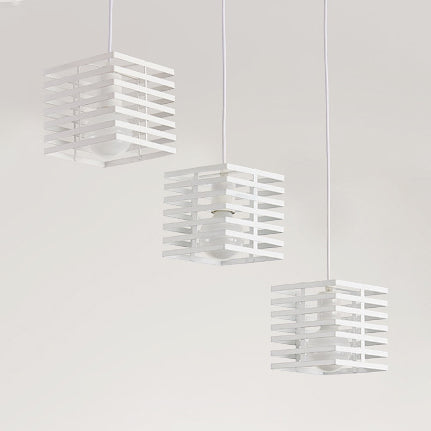 3 Lights Cubic Hanging Lamp with Cage Shade Retro Industrial Black/White Metal Pendant Lighting