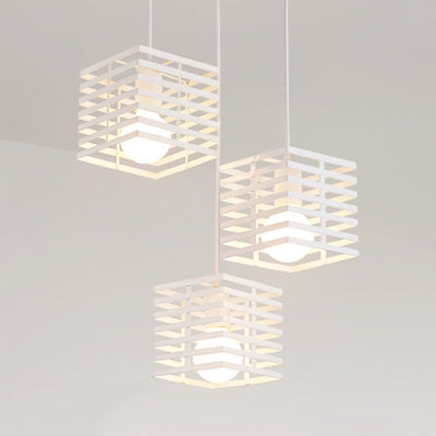 3 Lights Cubic Hanging Lamp with Cage Shade Retro Industrial Black/White Metal Pendant Lighting