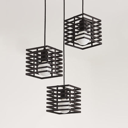 3 Lights Cubic Hanging Lamp with Cage Shade Retro Industrial Black/White Metal Pendant Lighting