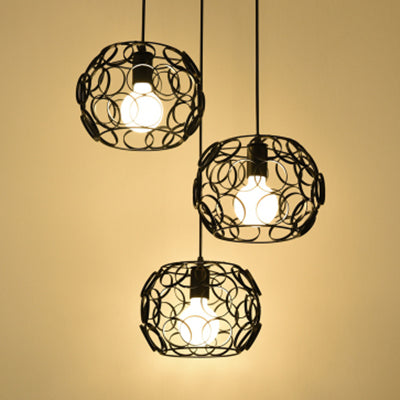3 Bulbs Pendant Lamp Retro Drum Shade Metal Suspension Light with Wire Frame and Circles Design in Black