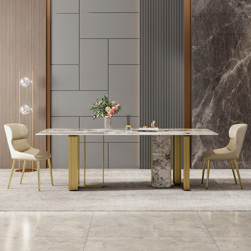 Minimalist Sintered Stone Kitchen Dining Set Gray Rectangle Shape Dining Set with Double Pedestal