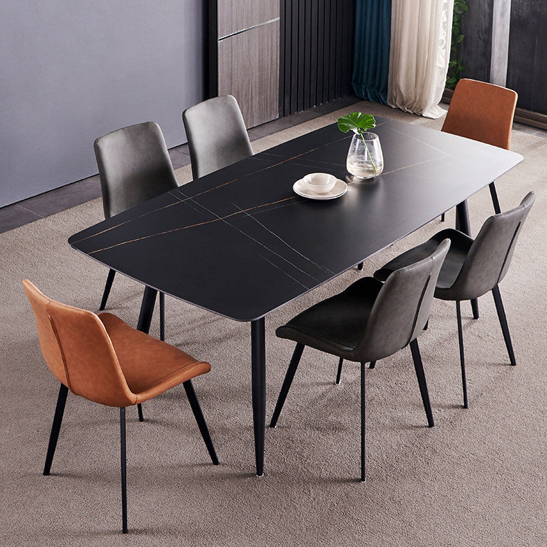 Fixed Minimalist Sintered Stone Top Kitchen Table Set with 4 Black Legs Base for Dining Room