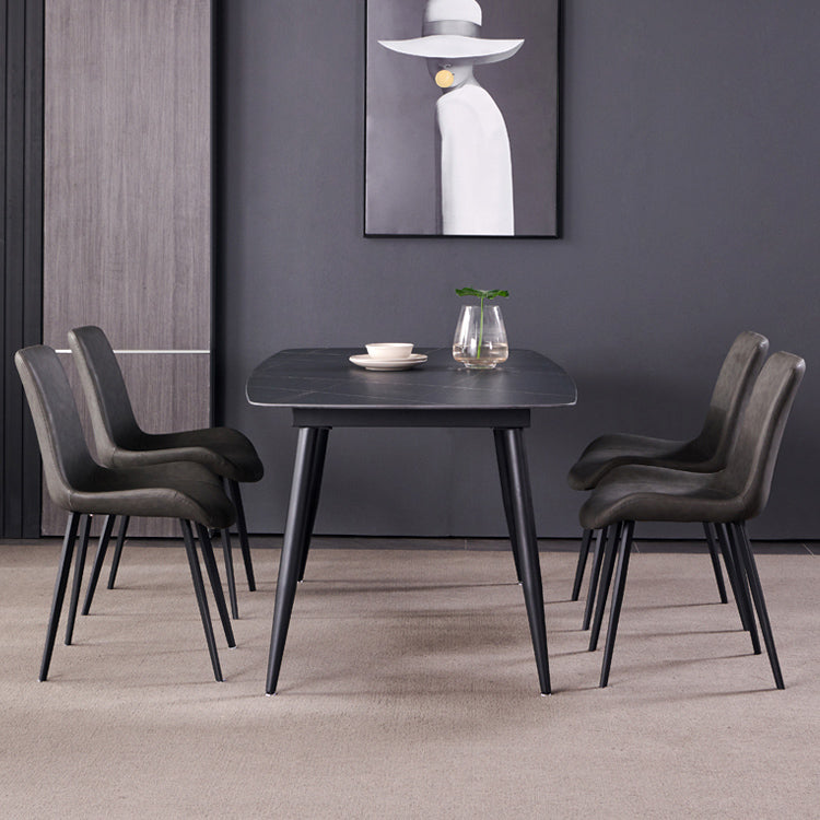 Fixed Minimalist Sintered Stone Top Kitchen Table Set with 4 Black Legs Base for Dining Room