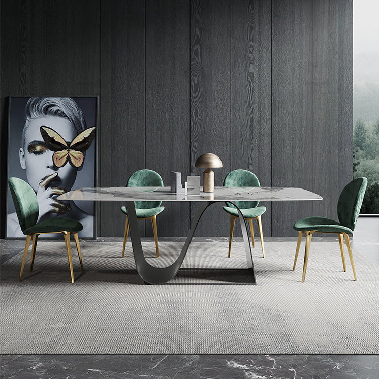 Modern Gray Kitchen Dining Set Sintered Stone Top Rectangle Dining Set with Trestle Base