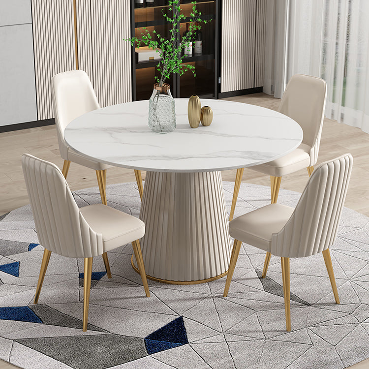 Scandinavian Sintered Stone Table Set of 5/7 with White Round Table Dining Set with Leather Chairs