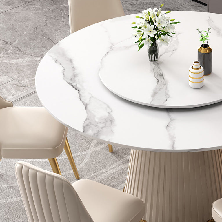 Scandinavian Sintered Stone Table Set of 5/7 with White Round Table Dining Set with Leather Chairs