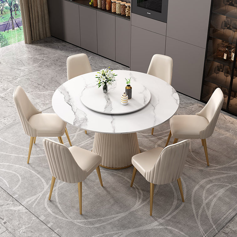 Scandinavian Sintered Stone Table Set of 5/7 with White Round Table Dining Set with Leather Chairs