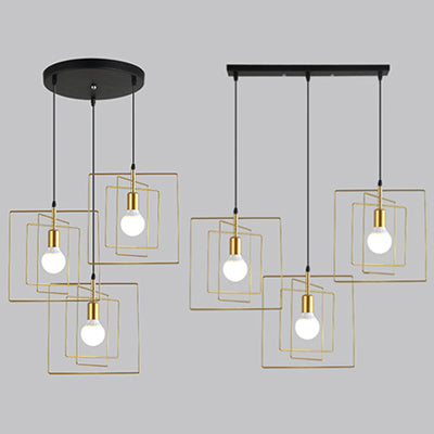 Frame Squared Metal Pendant Lighting Vintage Industrial 3 Lights Dining Room Hanging Ceiling Light in Gold