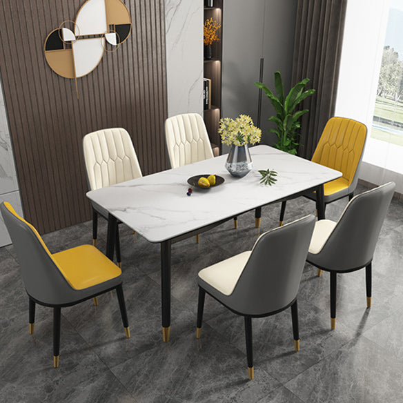 Modern Sintered Stone Table Set of 5/7 with Rectangle Table Dining Set with PU Leather Chairs