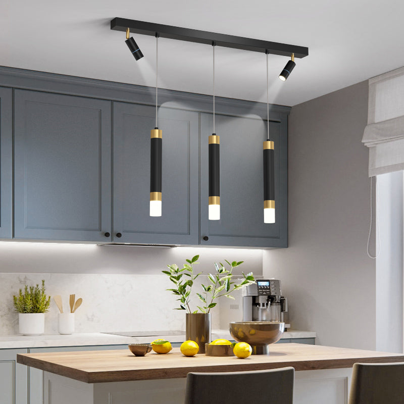 Moderne Kronleuchterzylinder Island Leuchten Metallinselbeleuchtung in Schwarz und Gold