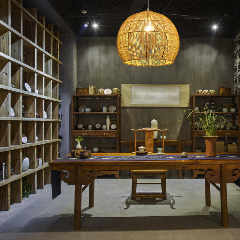 Beige Asia Pendulum Light Dome Rattan 1-Light Hanging Ceiling Light for Dining Room